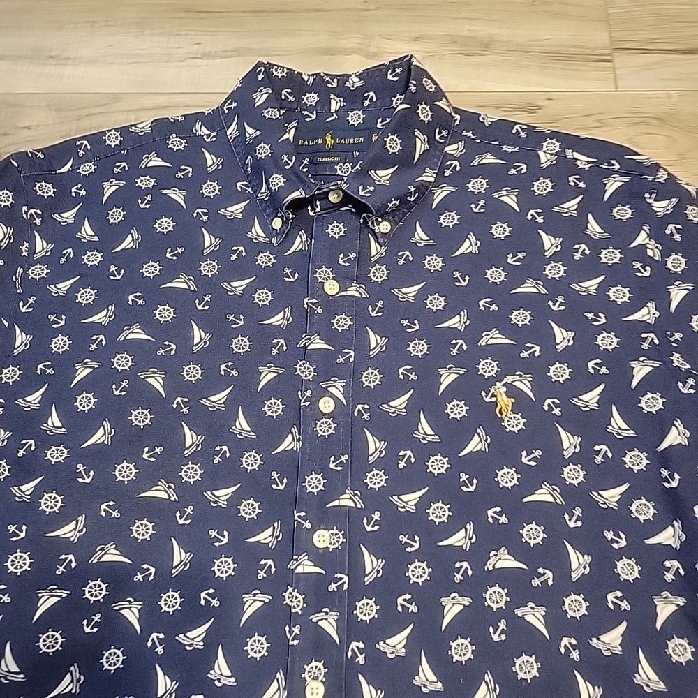 Polo Ralph Lauren Shirt‎ Mens XL Blue Classic Allover Geometric Anchor Sailboat